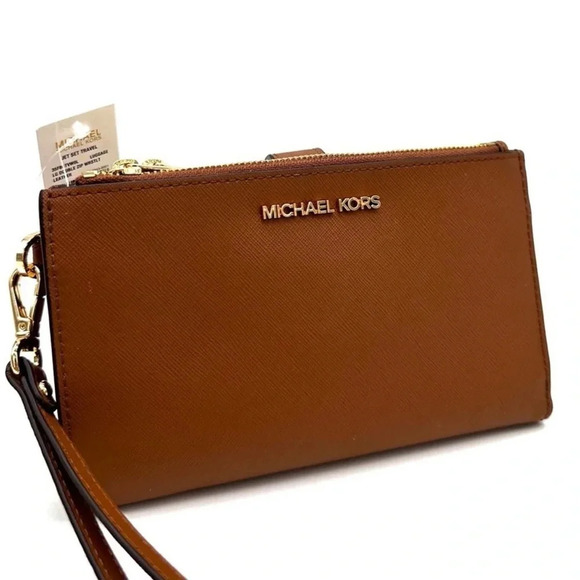 Michael Kors Large Double Zip Wallet Wristlet Luggage Brown - Picture 1 of 8
